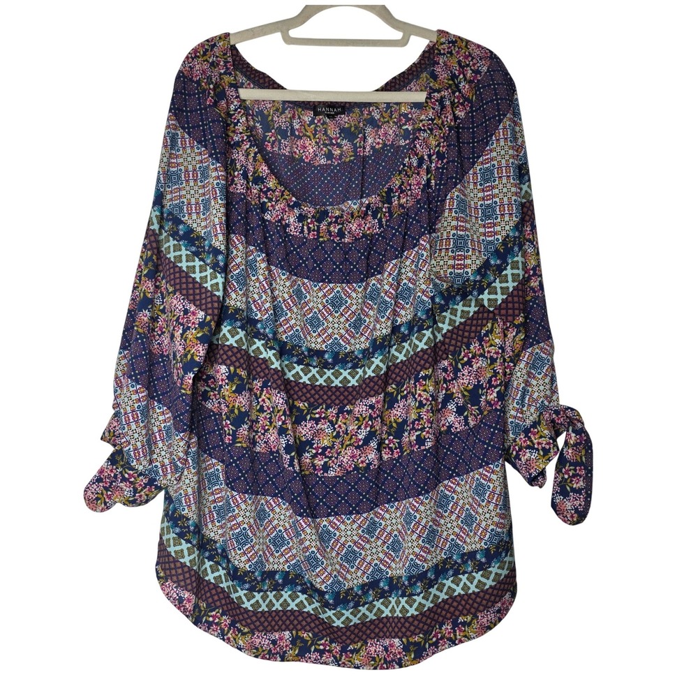 Hannah Plus Size Patchwork Floral Blouse 2X Blue Pink Boho Tie Sleeve Top - Picture 2 of 10
